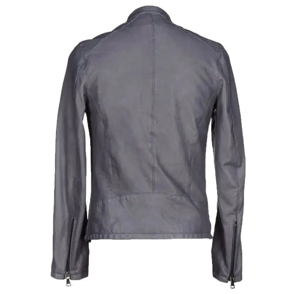 Mens Slim Fit Grey Leather Motorcycle Jacket