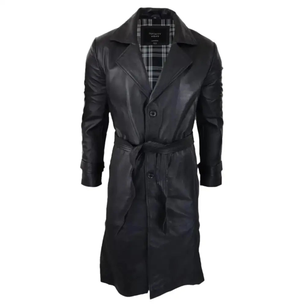 Men’s Vintage 80s Style Black Long Leather Belted Punk Coat