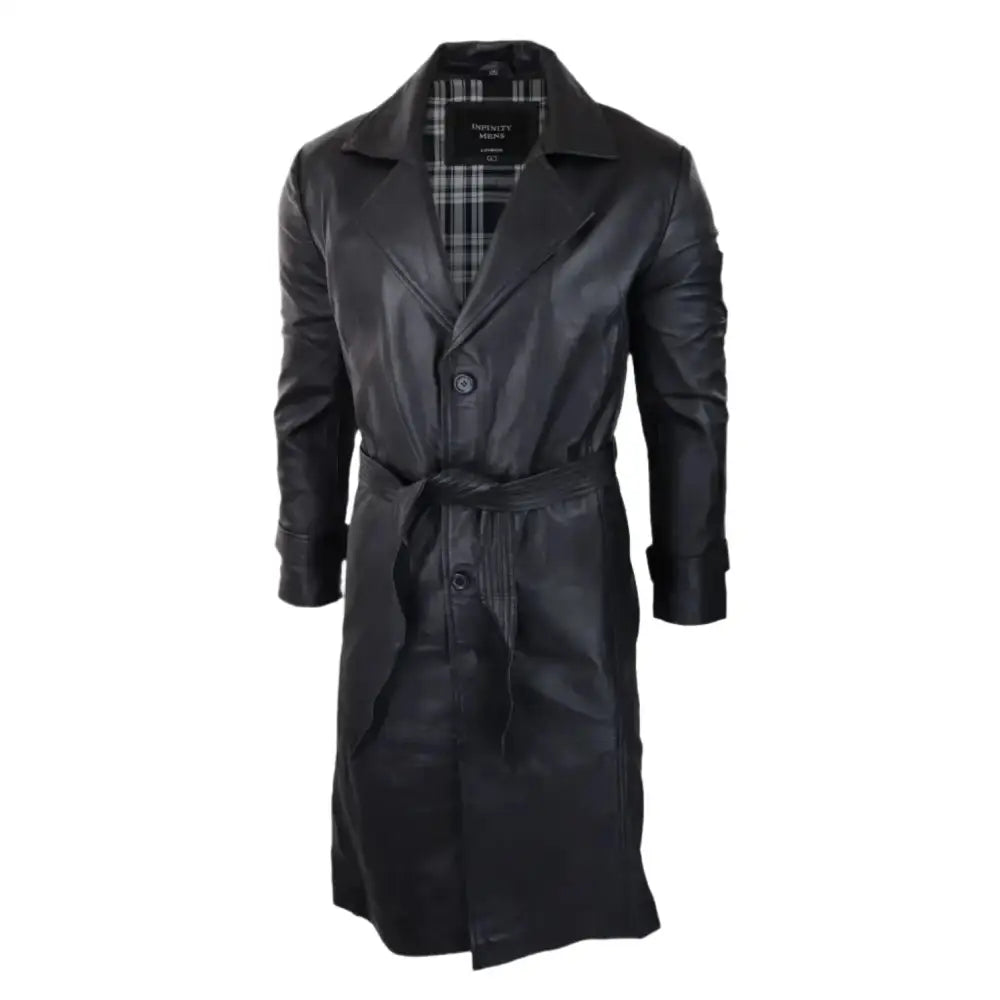 Men’s Vintage 80s Style Black Long Leather Belted Punk Coat