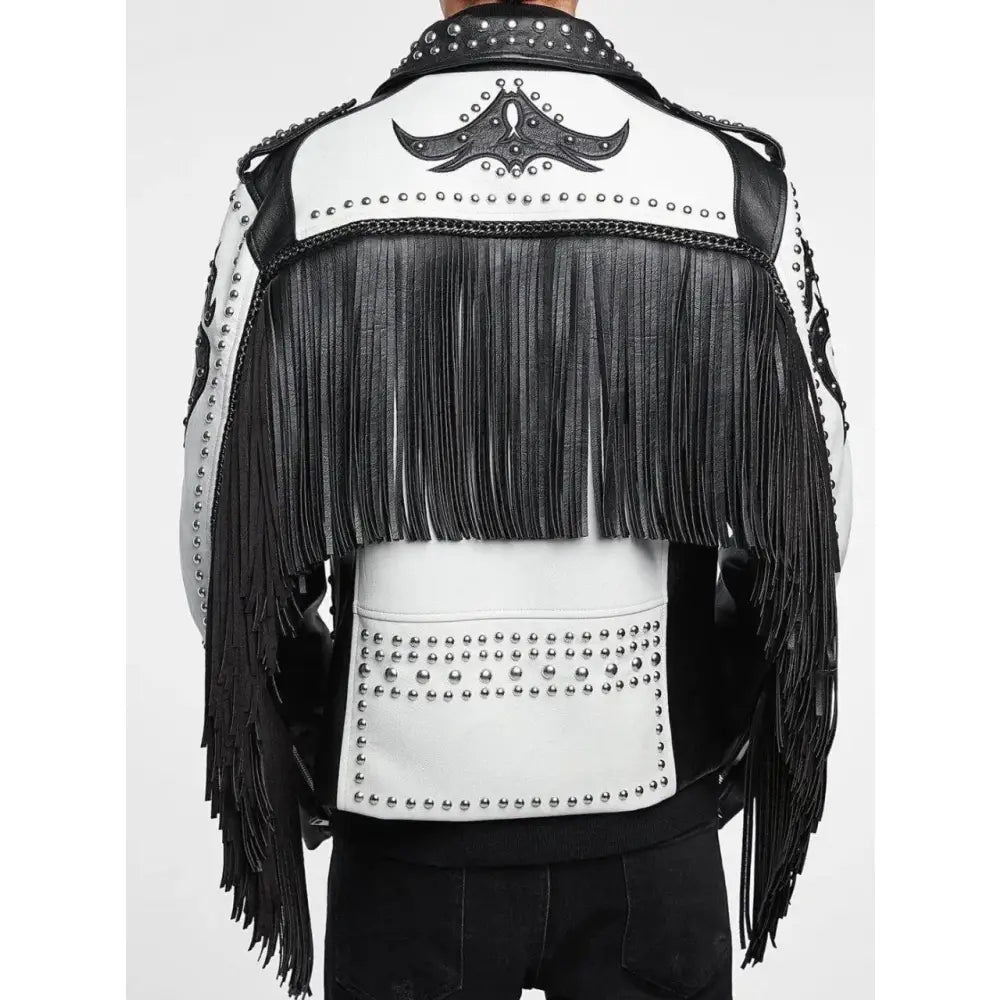 Men's Black & White Studded Cowboy Leather Jacket