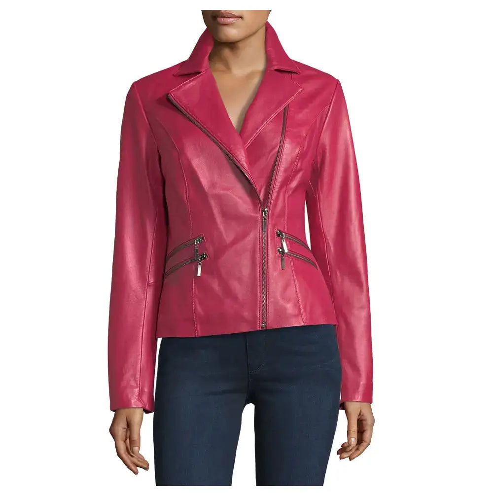 Women's Pink Lambskin Biker Leather Jacket