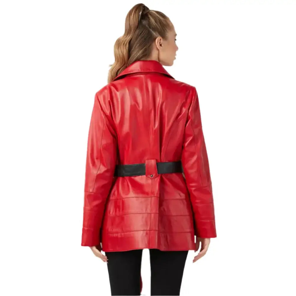 Women's Red Leather Trench Coat-2