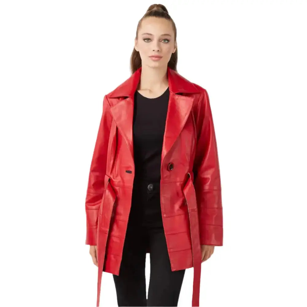 Women's Red Leather Trench Coat-1