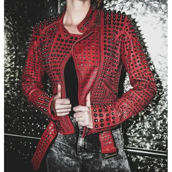 Women’s Red Studded Leather Jacket