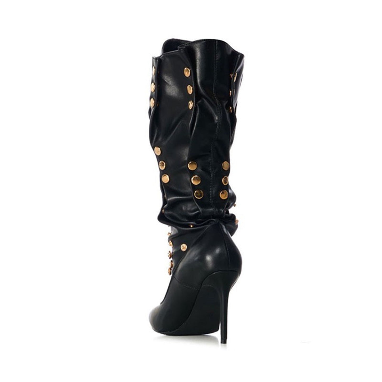 Rivet Encrusted Black Slouchy Stiletto Knee High Boots-2