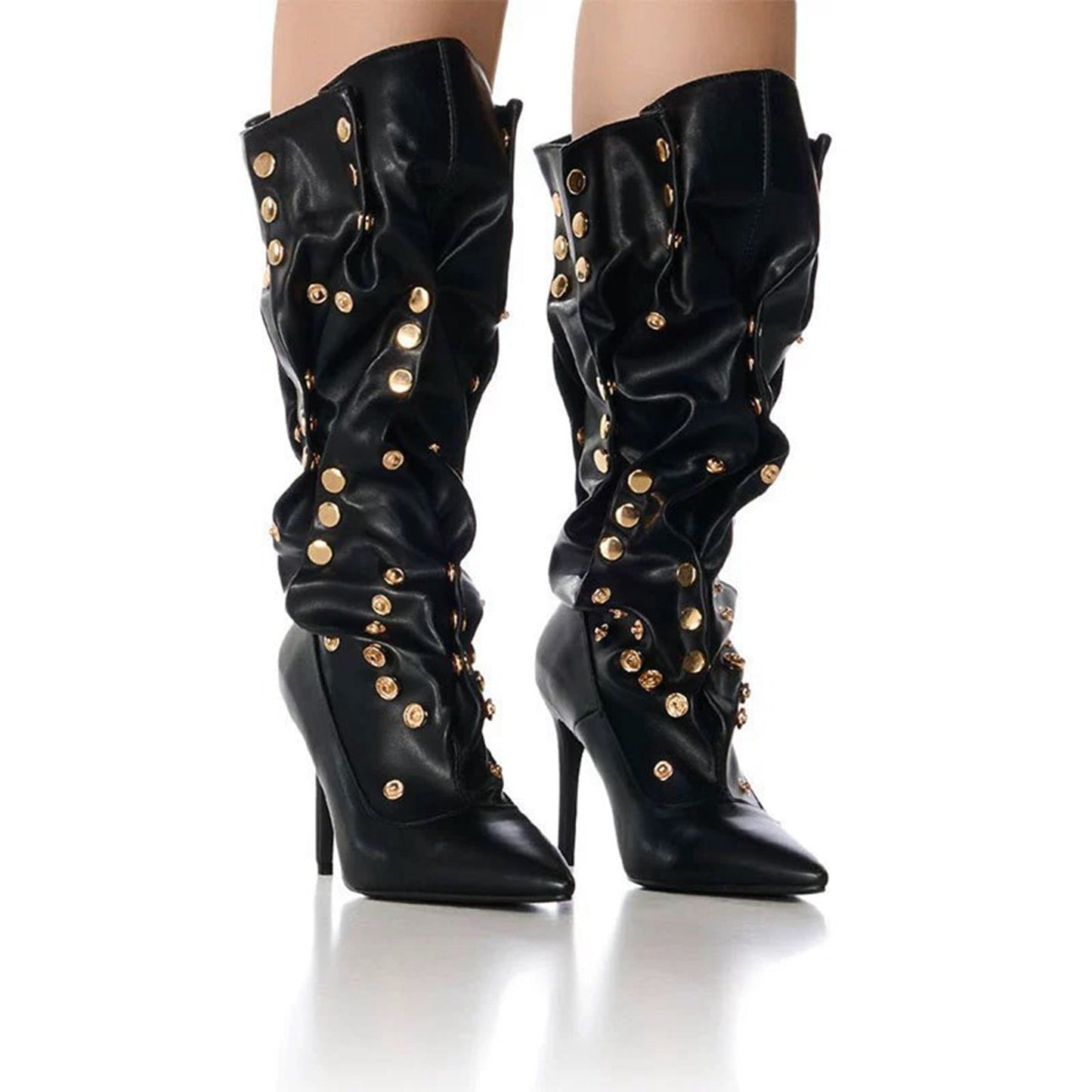 Rivet Encrusted Black Slouchy Stiletto Knee High Boots-4