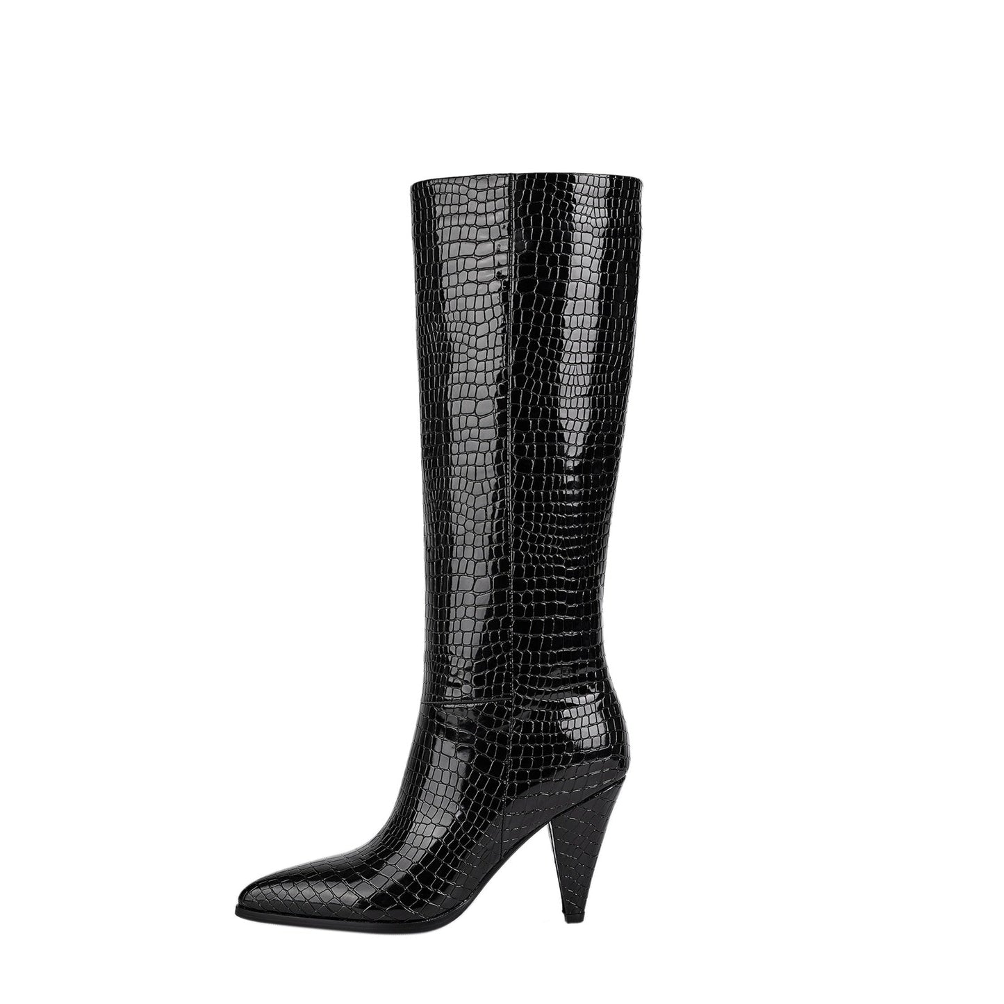 Sleek Textured Black Knee High Boots-0