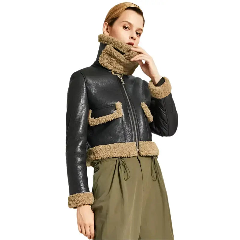 Riders Republic UK Women's Black Leather Jacket with Brown Shearling Collar