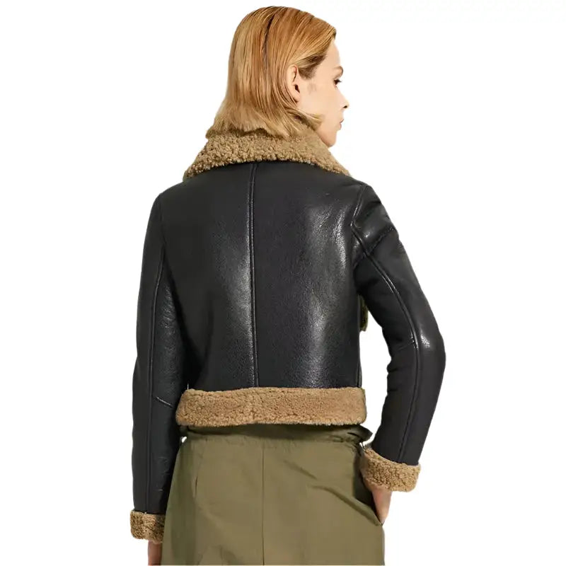 Riders Republic UK Women's Black Leather Jacket with Brown Shearling Collar
