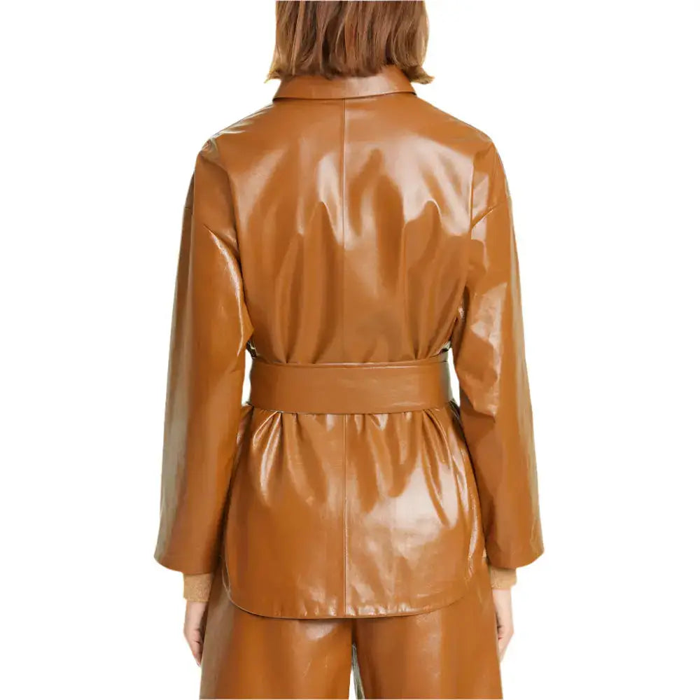 Women’s Tan Brown Leather Belted Shirt Jacket