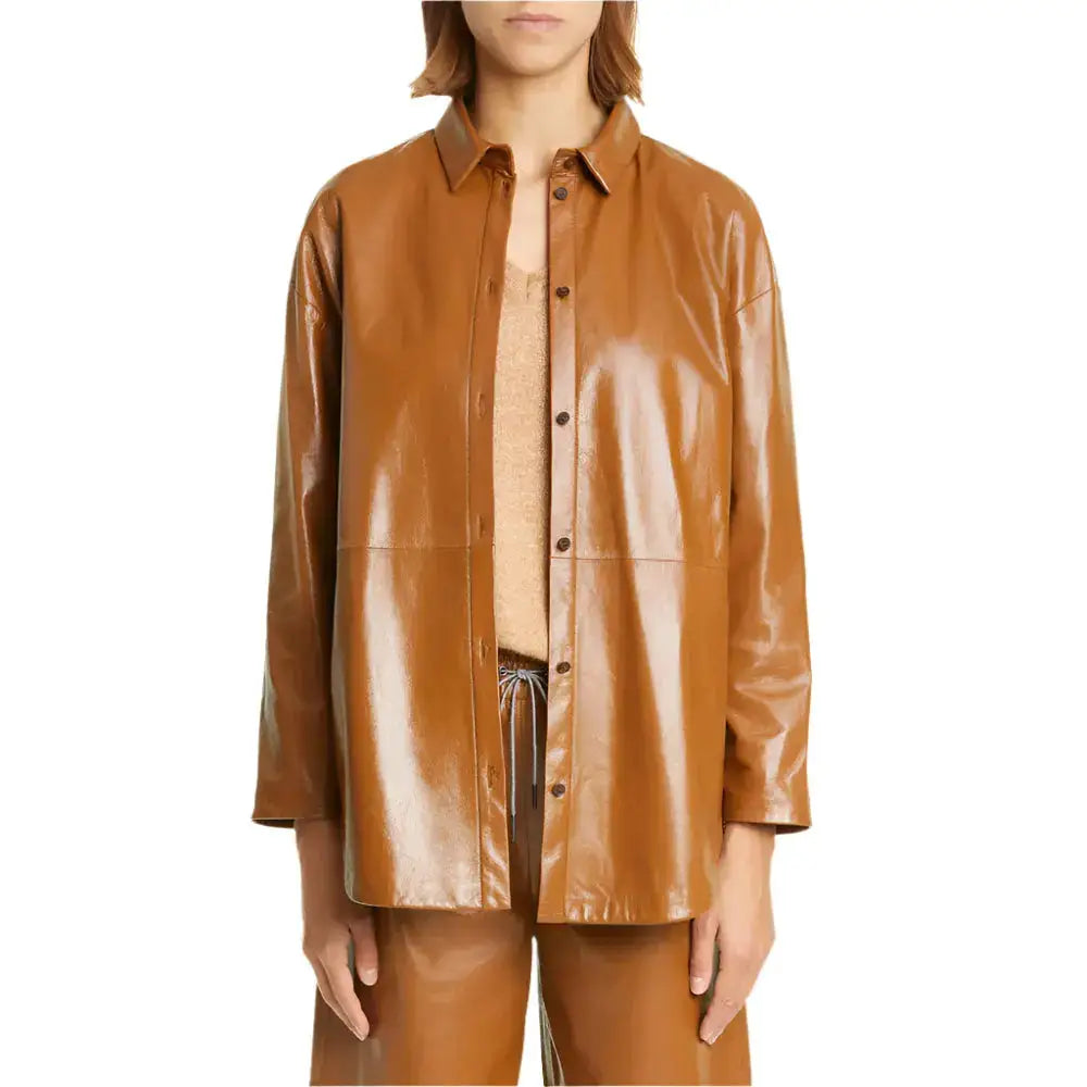 Women’s Tan Brown Leather Belted Shirt Jacket