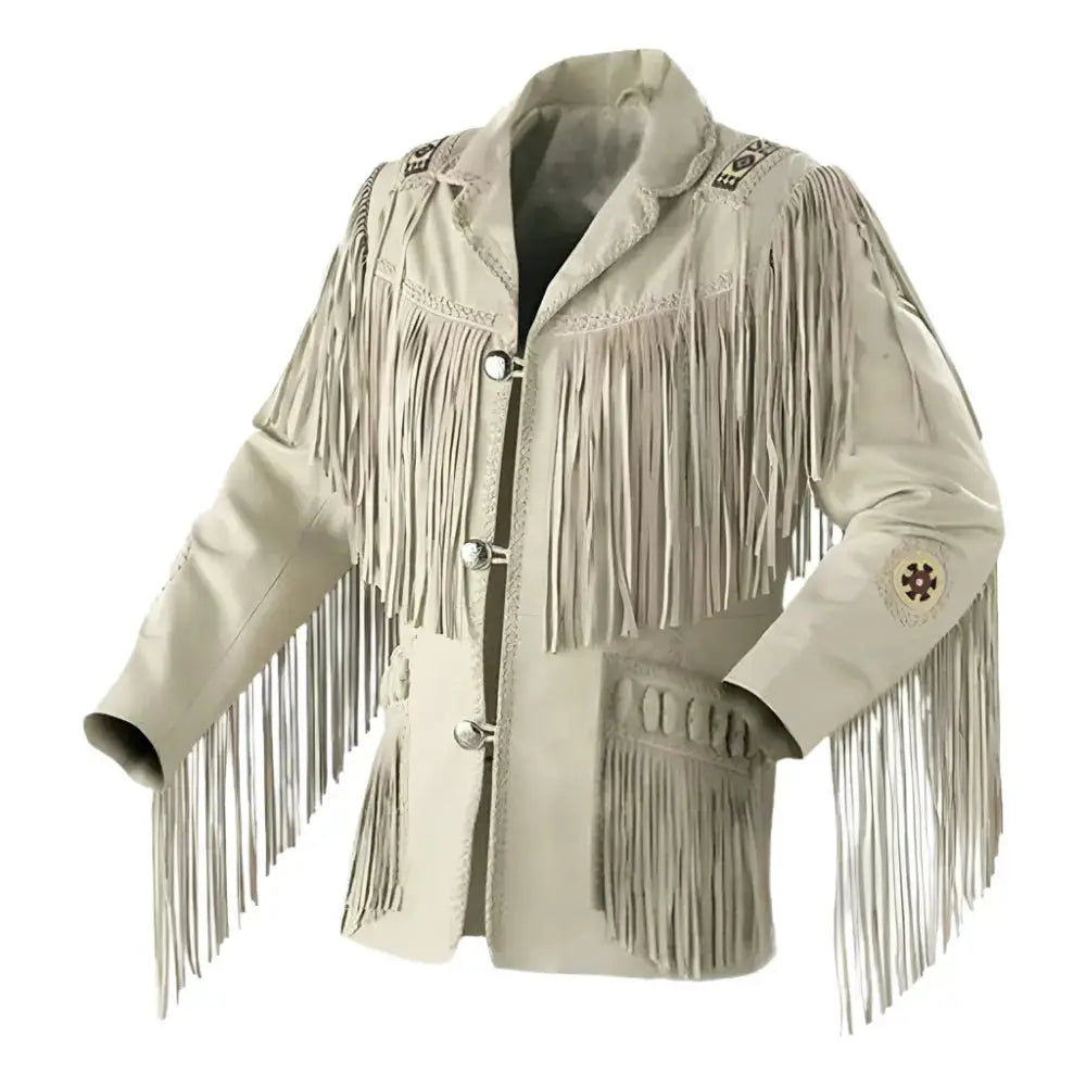Men's Western Cowboy White Suede Leather Jacket