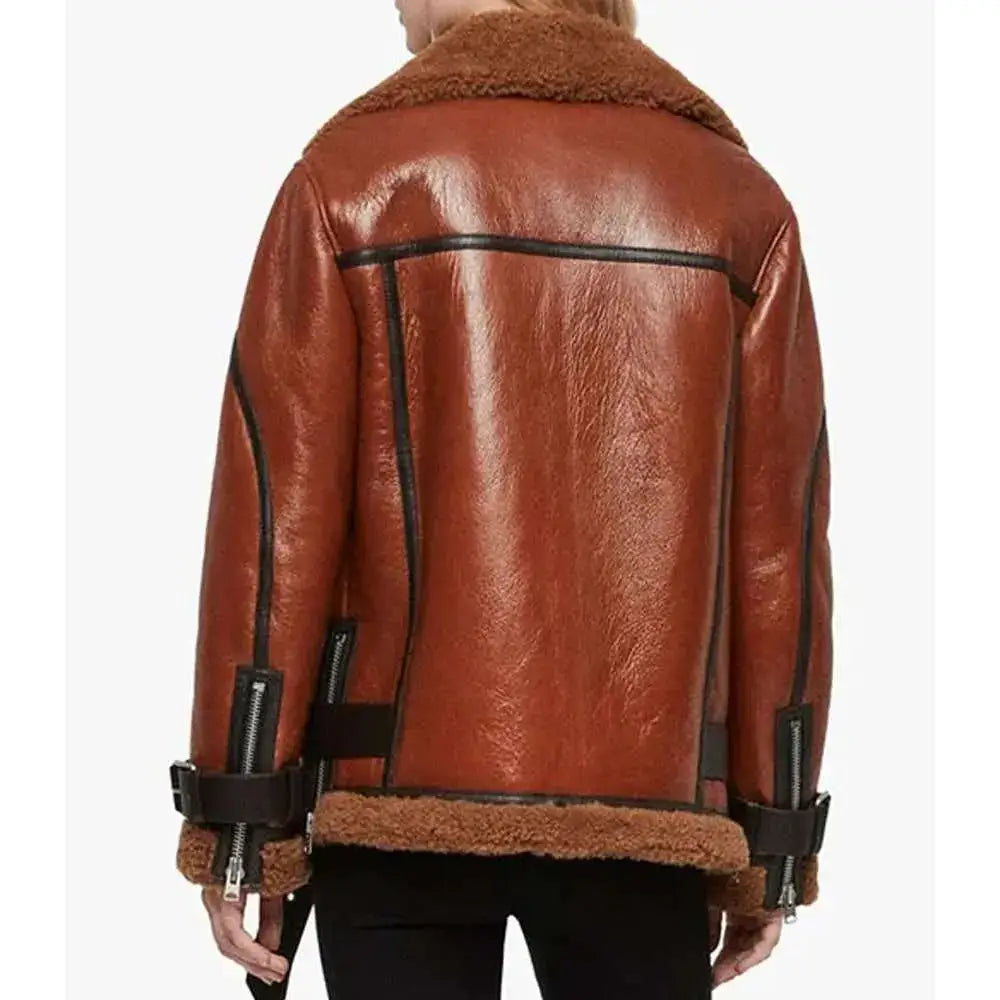 Women’s Brown B3 Shearling Biker Leather Jacket-1