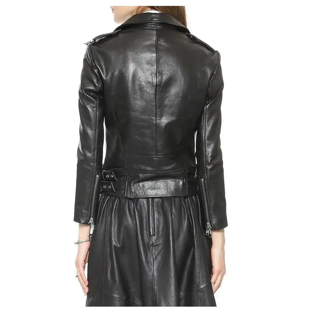 Women’s Genuine Lambskin Leather Biker Jacket with Zipper