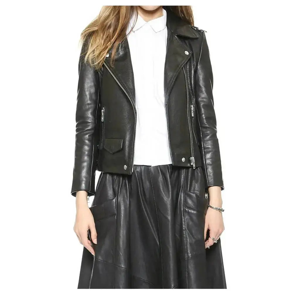 Women’s Genuine Lambskin Leather Biker Jacket with Zipper
