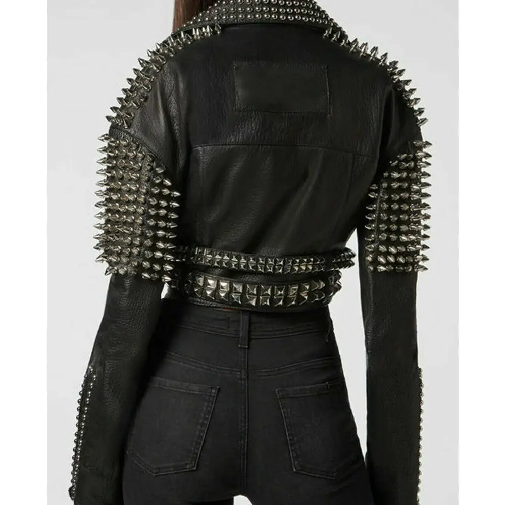 Women’s Silver Studded Short Body Leather Jacket