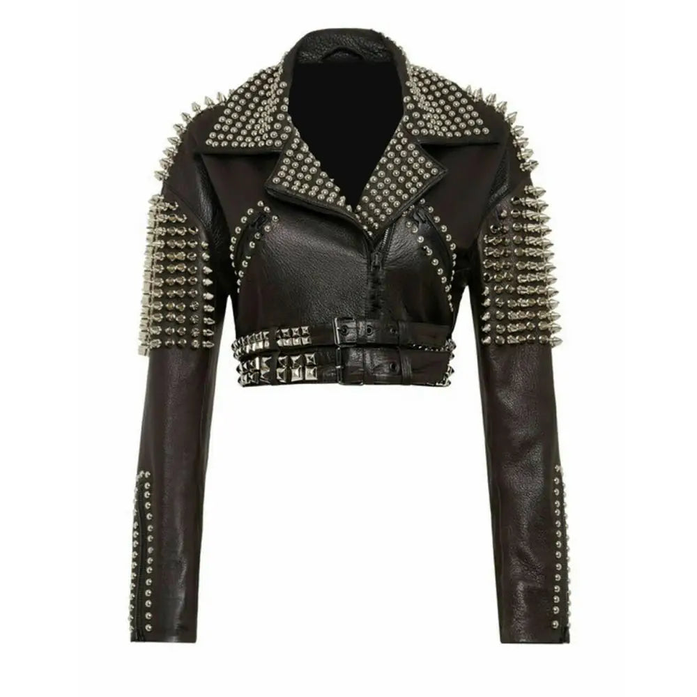 Women’s Silver Studded Short Body Leather Jacket