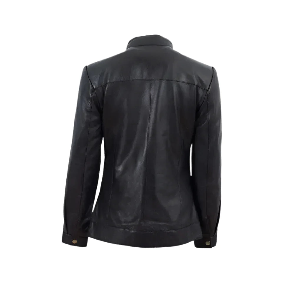 Women's Black Band Collar Biker Leather Jacket-1