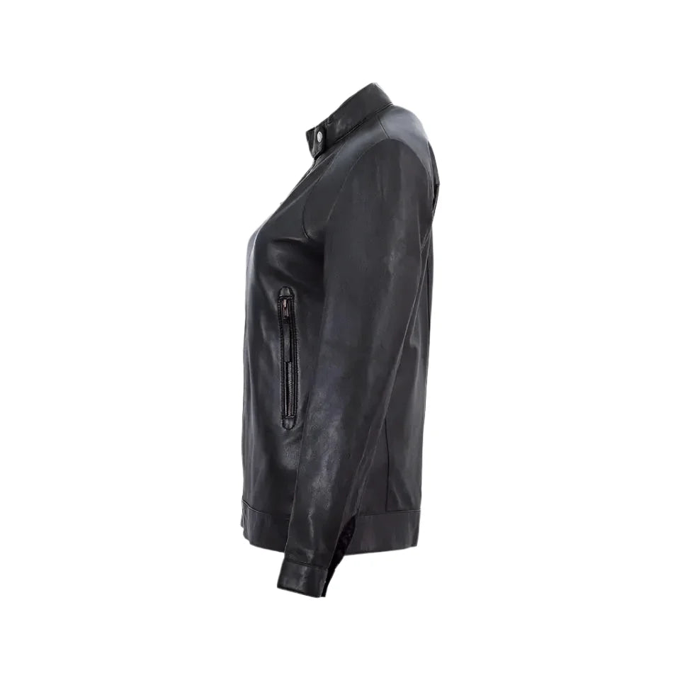 Women's Black Band Collar Biker Leather Jacket-2
