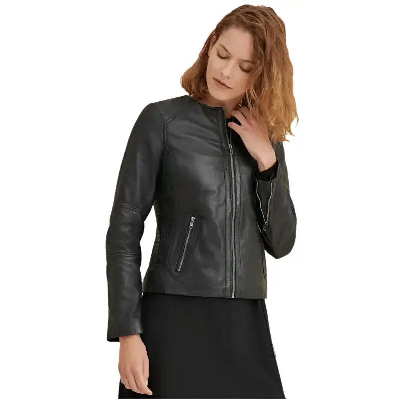 Women’s Black Leather Racing-Inspired Jacket