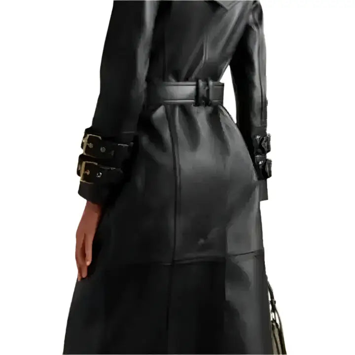 Women's Black Long Leather Trench Coat-1