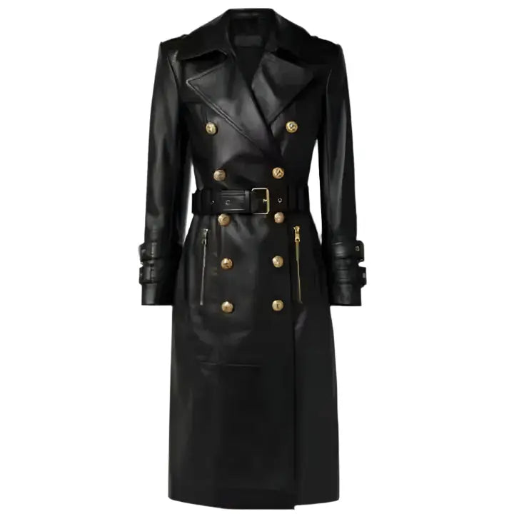 Women's Black Long Leather Trench Coat-0