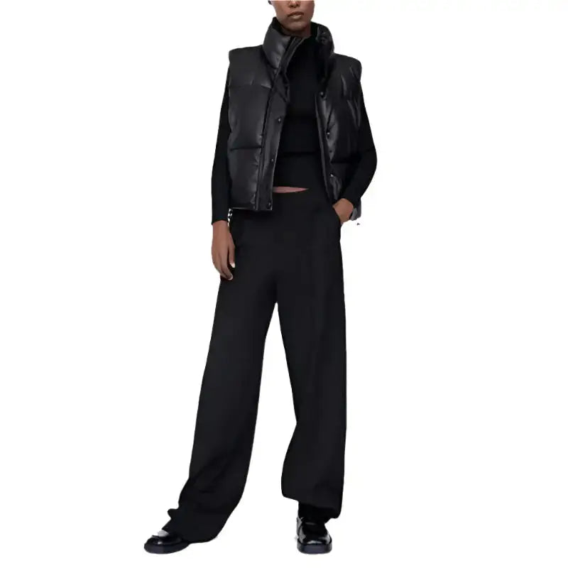 Women’s Black Leather Puffer Vest-2