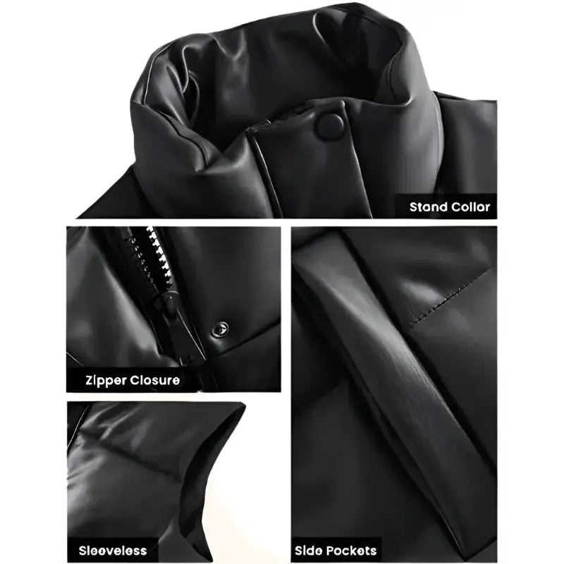 Women’s Black Leather Puffer Vest-3
