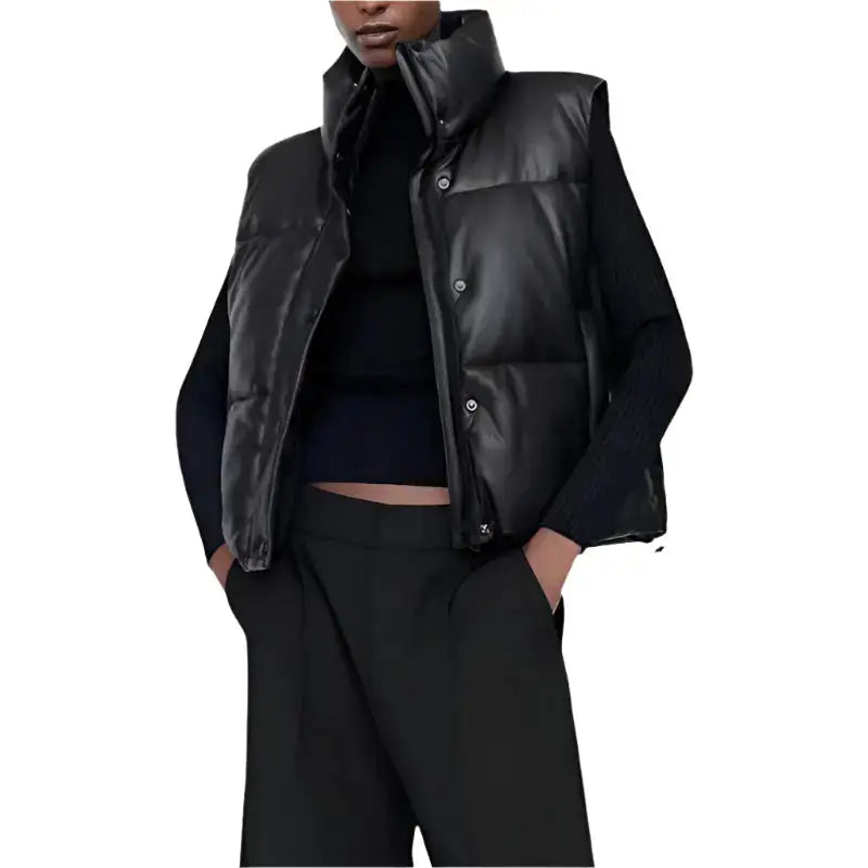 Women’s Black Leather Puffer Vest-0
