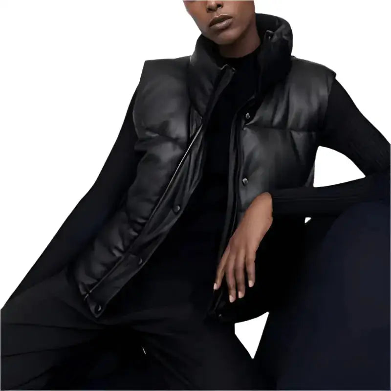 Women’s Black Leather Puffer Vest-1