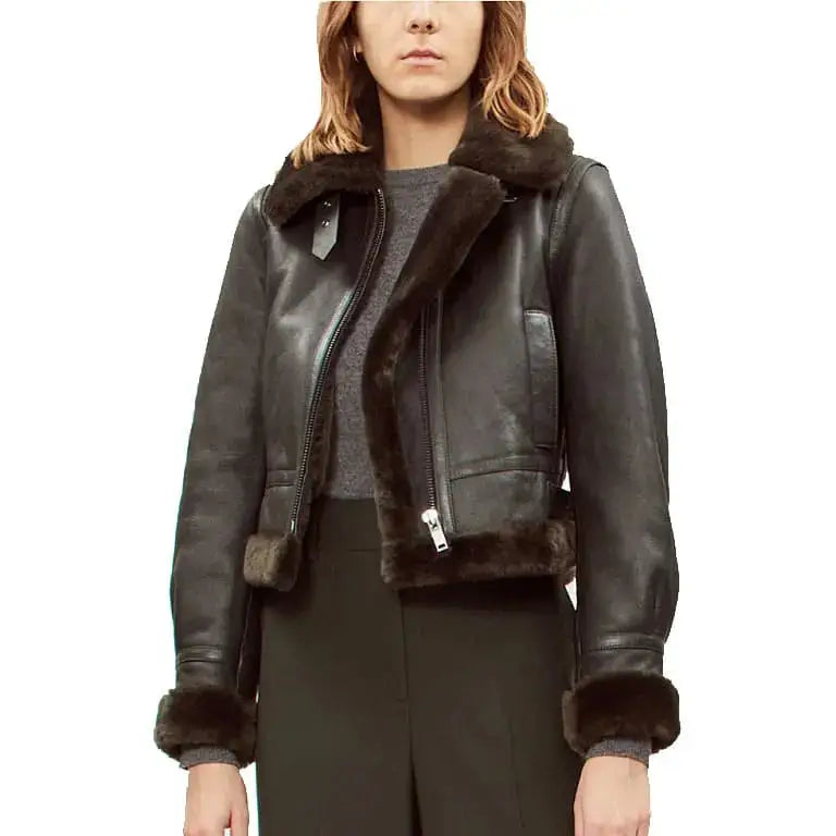 Women's Black Shearling Bomber Leather Jacket-1