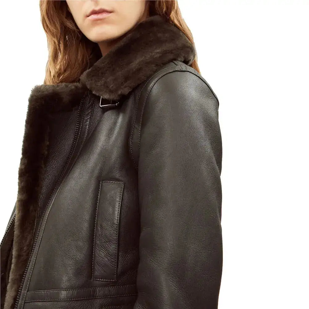 Women's Black Shearling Bomber Leather Jacket-3