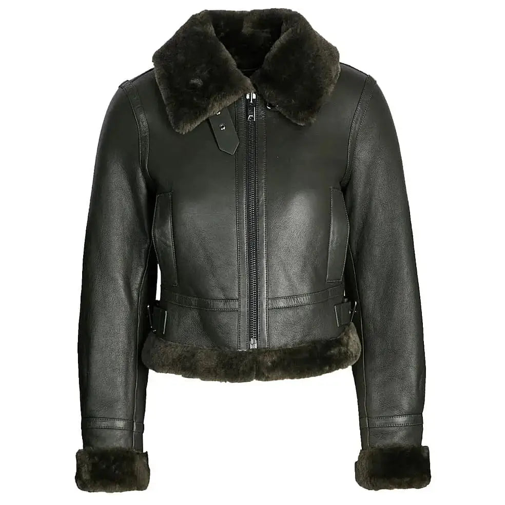 Women's Black Shearling Bomber Leather Jacket-0
