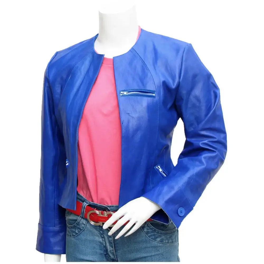 Women's Blue Collarless Leather Jacket for Winter