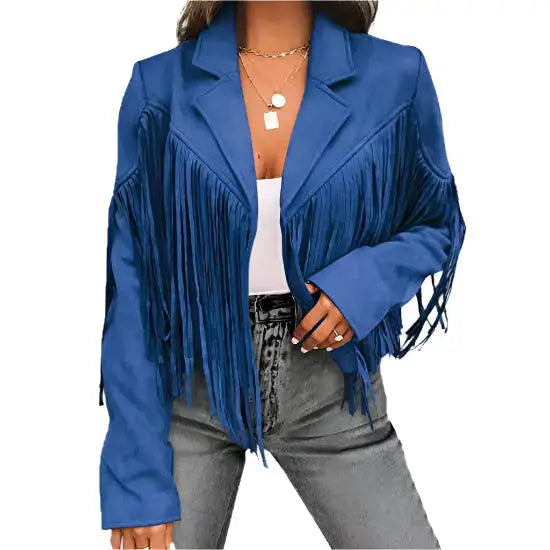 Women's Blue Suede Tassel Lapel Cropped Motorcycle Jacket-1