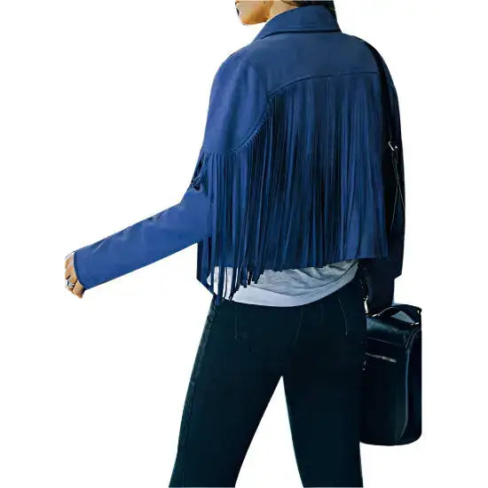 Women's Blue Suede Tassel Lapel Cropped Motorcycle Jacket-2