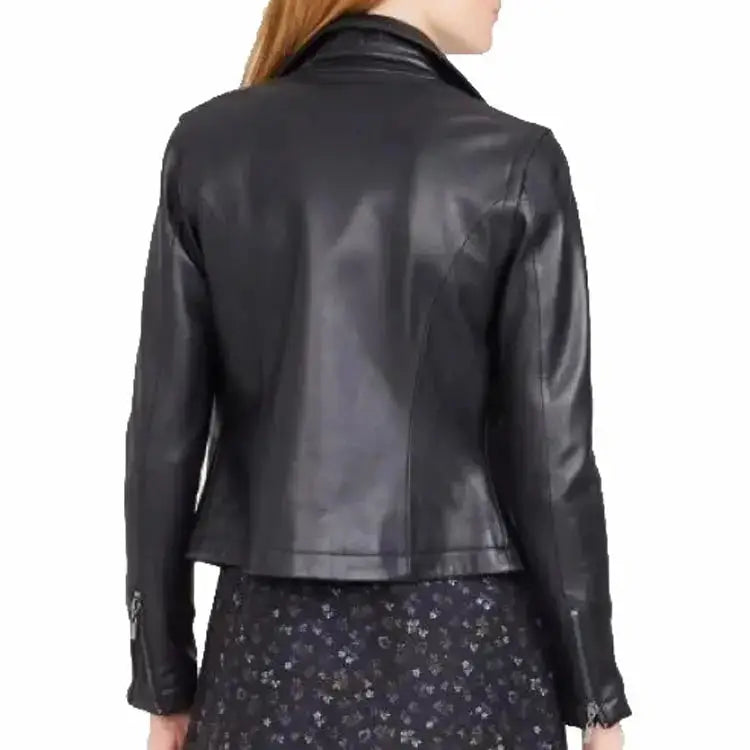 Women's Classic Black Sheepskin Leather Moto Jacket-1