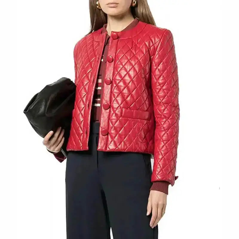 Women's Quilted Red Collarless Leather Jacket-1