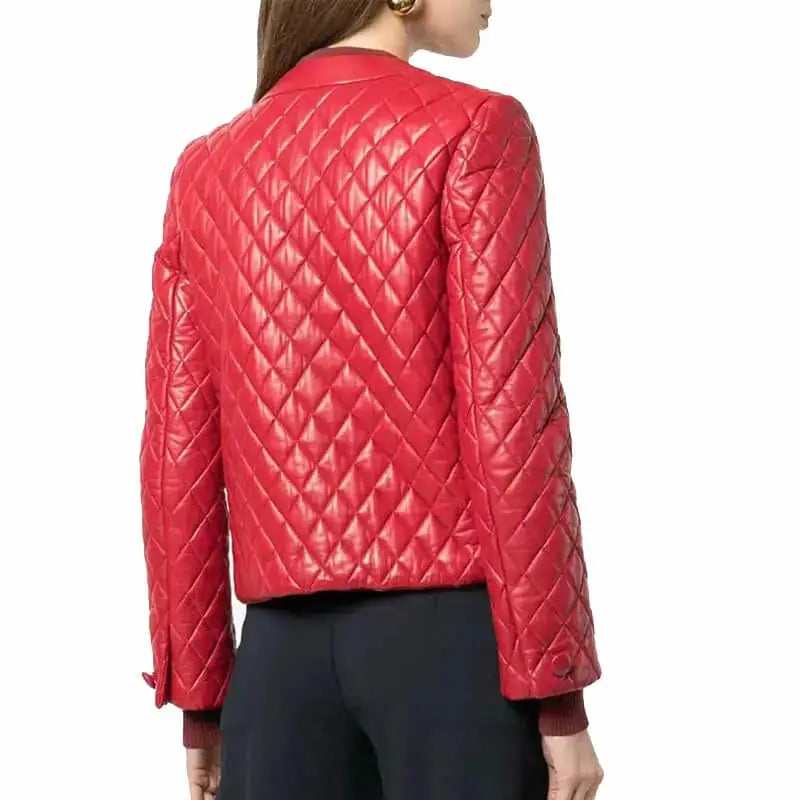 Women's Quilted Red Collarless Leather Jacket-2