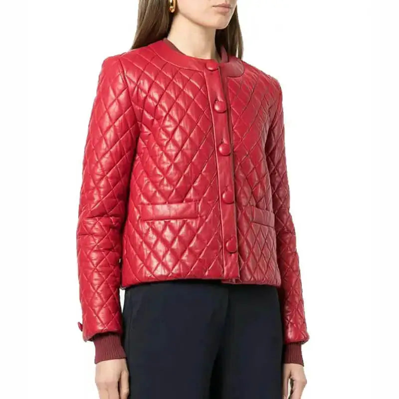 Women's Quilted Red Collarless Leather Jacket-3