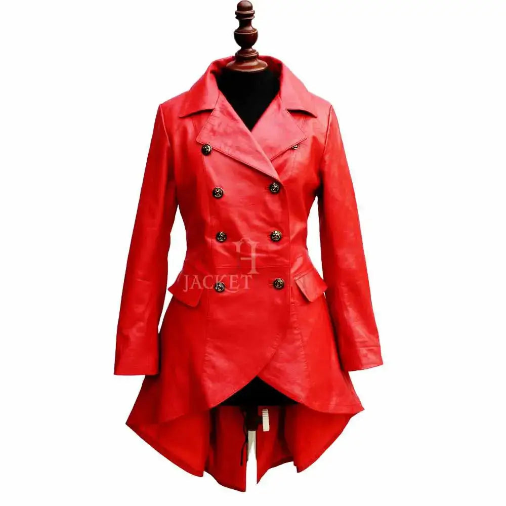 Women's Double-Breasted Red Leather Military Coat