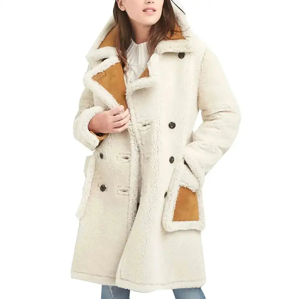 Women’s White Shearling Double-Breasted Coat