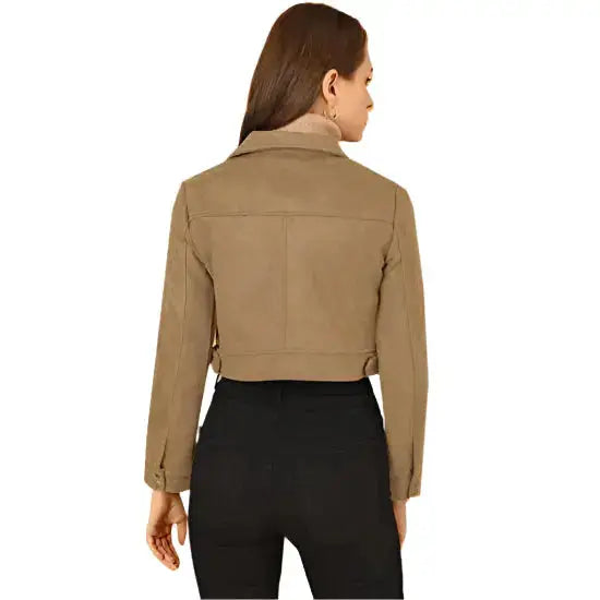 Women’s Light Khaki Suede Leather Biker Crop Moto Jacket