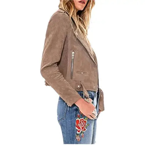 Cooper Allan Women’s Luxury Cropped Suede Leather Motorcycle Jacket