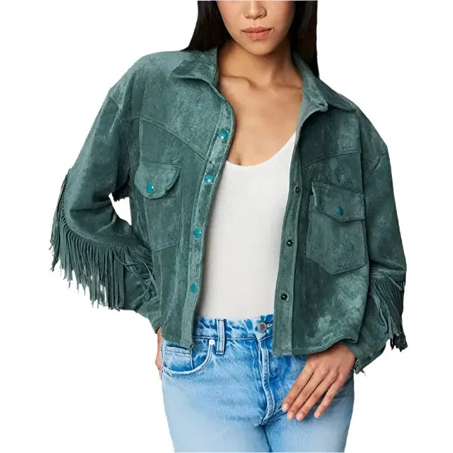 Women's Olive Suede Leather Fringe Shirt Jacket