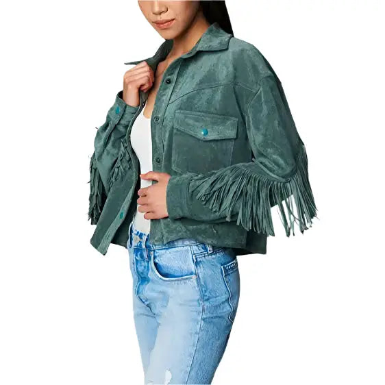 Women's Olive Suede Leather Fringe Shirt Jacket
