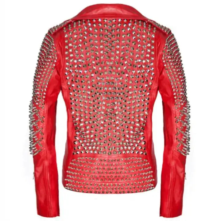 Women's Red Studded Leather Biker Jacket