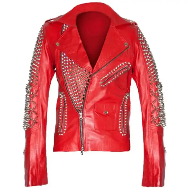 Women's Red Studded Leather Biker Jacket
