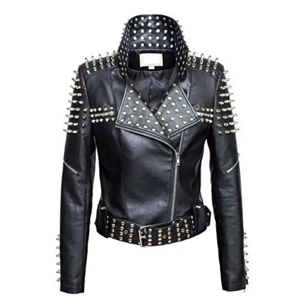 Women's Slim Fit Studded Brando Leather Jacket