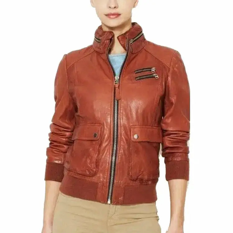 Women’s Tan Brown Leather Bomber Jacket with Hood